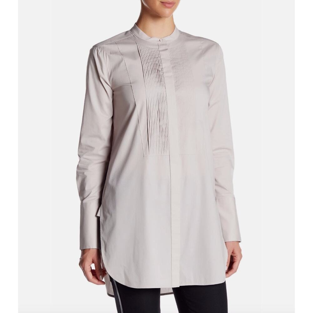 VINCE Knife Pleats Poplin Blouse Taupe Beige Tuxedo Style Tunic Top Womens sz. S